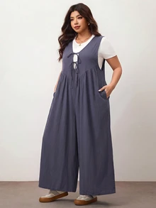 Enliva 大尺碼女款寬腿連身褲，前綁帶設計附口袋，寬鬆版型，適合蘋果型圓潤身形/2026/新年 - 深灰色 - 查看 3