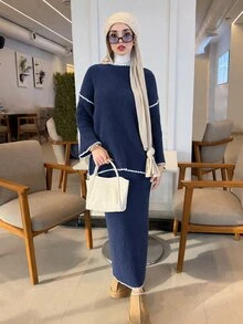 Solavon 女款多功能時尚綠色長袖套頭上衣與裙子套裝，圓領處飾有對比色千鳥格邊緣細節 - 藏蓝色 - 查看 3
