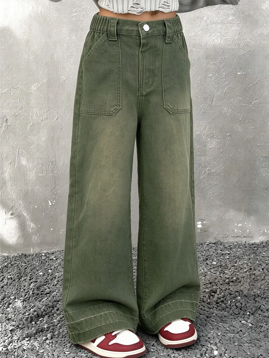 SHEIN 女童橄欖綠寬腿牛仔褲,兒童復古高腰貼袋牛仔長褲,休閒寬鬆直筒工裝褲校園風 - 軍綠色 - 查看 1