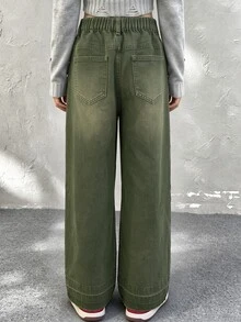 SHEIN 女童橄欖綠寬腿牛仔褲，兒童復古高腰貼袋牛仔長褲，休閒寬鬆直筒工裝褲校園風 - 軍綠色 - 查看 3