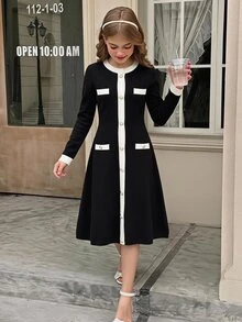 SHEIN Tween Girl Colorblock Casual Everyday Summer Knit Dress - Black and White - View 1