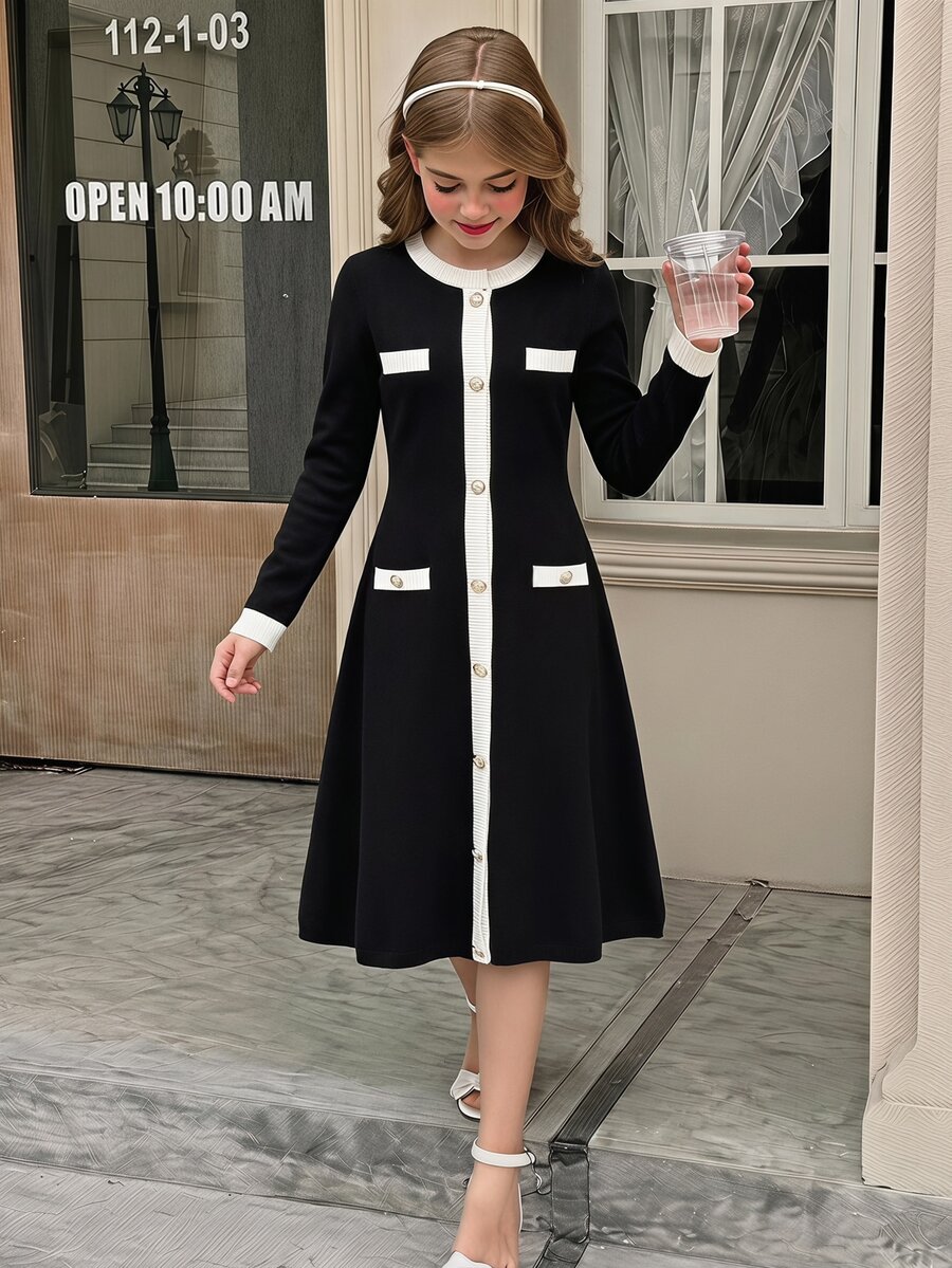SHEIN Tween Girl Colorblock Casual Everyday Summer Knit Dress - Black and White - View 1