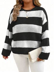 EMERY ROSE Plus Size Women Spring And Autumn Loose Round Neck Drop-Shoulder Long Sleeve Striped Casual Pullover Sweater, Winter Knit Pullover Fall - Black and White - View 3