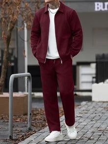 Manfinity Homme 男士純色拉鍊夾克與抽繩長褲套裝，黑色秋季休閒商務度假通勤穿搭，深色學院風運動休閒套裝 - 酒紅色 - 查看 4
