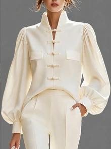 SHEIN Holidaya Cream White Modified New Chinese Style Frog Button Petal Sleeve Stand Collar Blouse High Waist Slimming - White - View 3