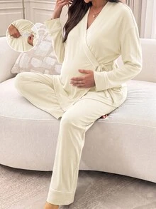 Slowluna 孕婦側結長袖上衣與長褲兩件套 秋季 - 黃色 - 查看 10