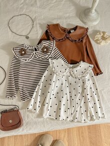 SHEIN 3件組女嬰彼得潘領長袖上衣（愛心、素色與條紋設計） - 彩色 - 查看 5