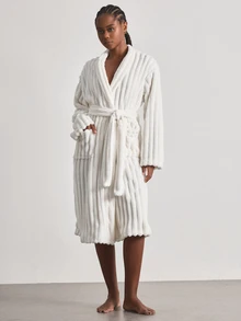Ocili Double-Sided Wide Stripe Flannel Comfortable Minimalist Soft Robe Women's Loungewear - White - View 4