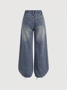 Girlism Tween Girl Spider Print Kids Loose Fit Denim Jeans - Light Wash - View 2