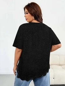 Shapeblank Plus Size Women's Spring/Summer Fashion Casual Loose Elastic Comfortable Daily Basic Versatile Slimming Lace Trim Asymmetrical Hem - Dark Grey - View 3