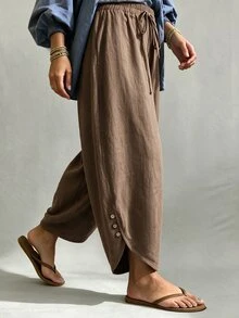Linhara CURVE Quần short linen dáng rộng size lớn cho nữ, quần harem lưng chun dây rút, cúc bên hông, phong cách thường ngày, chiều dài ngắn, có túi, mùa thu - Cà phê nâu - Xem 4