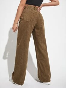 SHEIN EZwear Women's High Waist Brown Fashion Washed Denim Wide Leg Pants - Brown - View 2