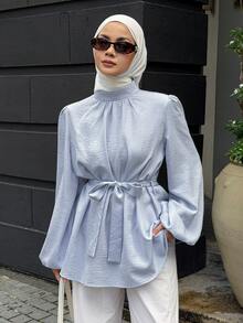 DAZY Women's Solid Color Waist Tie Casual Versatile Daily Wear Blouse - Blue - View 7