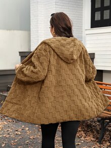 Comfylo 大尺碼舒適冬季雙面刷毛連帽外套附口袋 - 卡其色 - 查看 2