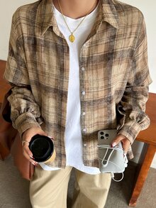 Dazy Plus Vintage Distressed Plaid Loose Fit Korean Style Long Shirt - Brown - View 1
