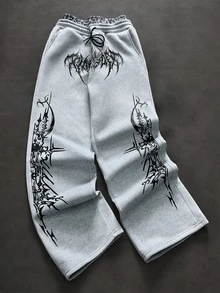 Manfinity Roghcode 男士街頭哥德風雙腰直筒運動長褲，寬鬆版型，中性款，街頭休閒風舒適運動長褲 - 淺灰色 - 查看 2