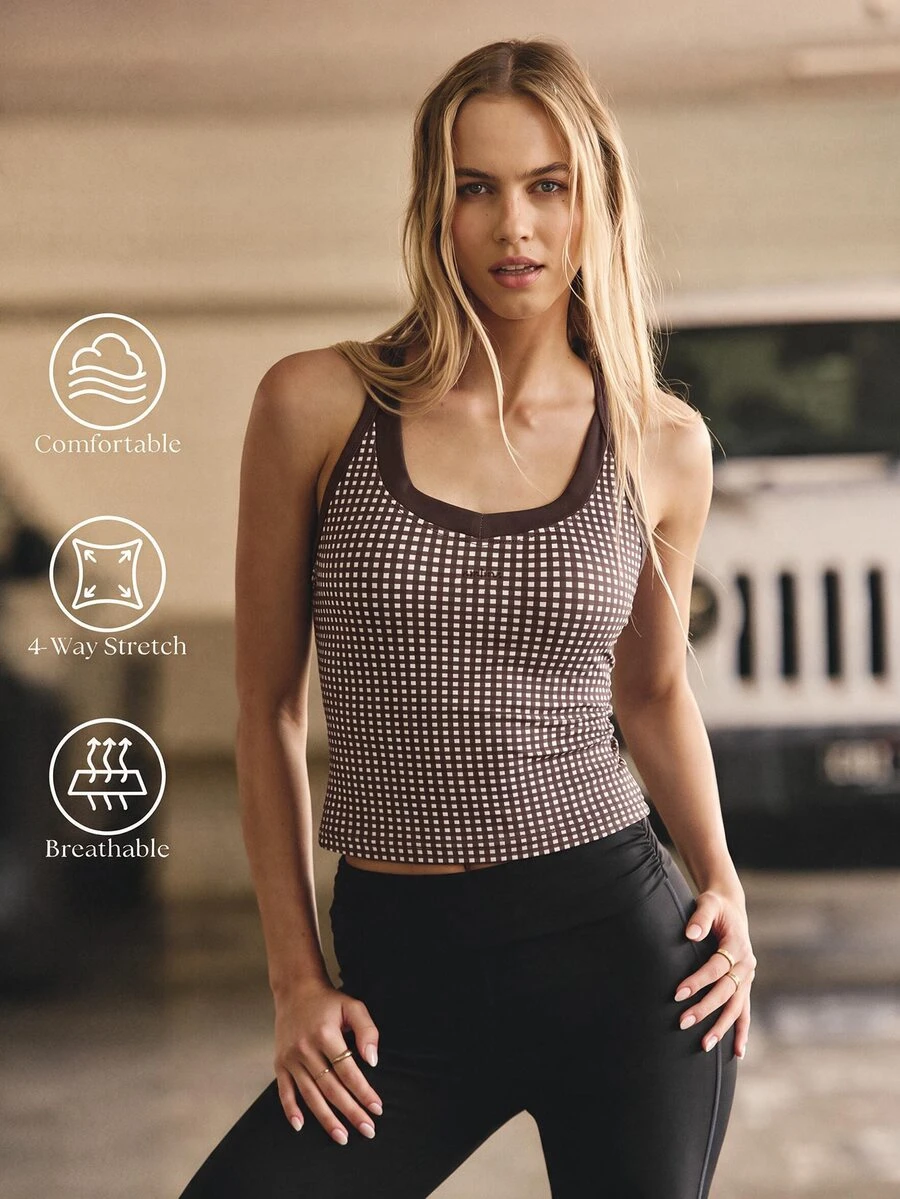 Aralina Women's Plaid Colorblock Sports Tank Top, Fashionable & Versatile - Chocolate Brown - View 1