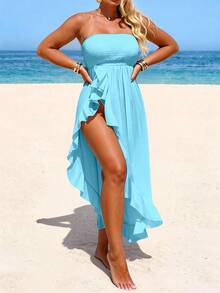 SHEIN Swim فستان باندو للنساء بمقاس كبير مع حماية من الشمس وحافة مقسمة وكشكشة للعطلات - ازرق مخضر - مشاهدة 4
