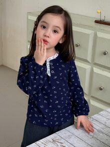 Dazy Kids Spädbarn (flicka) rundhalsad topp med helmönstrat blommigt tryck, koreansk stil, lång ärm, höst - Svart - Visa 6