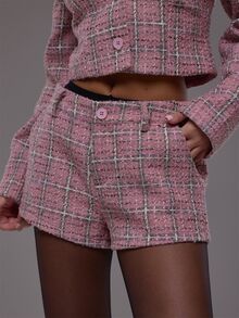 MUSERA Pink Woven Plaid Tailored Shorts Autumn Fall Winter Cute Everyday Office Corporate Romance - Pink - View 1
