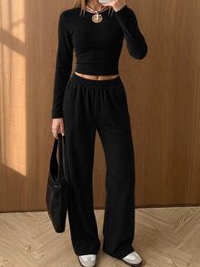 SHEIN EZwear 黑色針織女款圓領長袖T恤與長褲套裝，居家旅行秋季休閒 - 黑色 - 查看 8