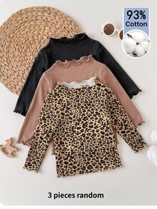 SHEIN 3件組女嬰純色與豹紋長袖休閒上衣 - 彩色 - 查看 4