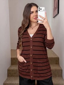 SHEIN LUNE 大尺碼女款純色白色全開襟開襟衫，附口袋，秋季返校商務休閒優雅款，冬季辦公通勤適用 - 棕色 - 查看 5