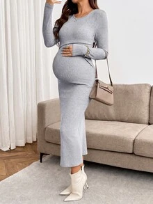 SHEIN 女款純色圓領哺乳功能休閒日常夏秋洋裝 - 綠色 - 查看 6