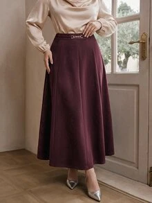 Solavon Plus High Waist Chain Detail Skirt - Burgundy - View 6