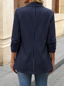 SHEIN LUNE 女款時尚通勤辦公商務夾克，適用秋冬大衣，優雅休閒 70 年代復古教師節棕色條紋 - 藏蓝色 - 查看 2
