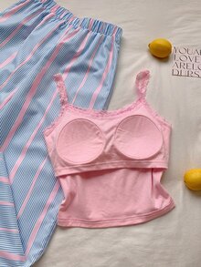 Comfortcana Plus Size Casual Home Lace Patchwork Tank Top And Striped Long Pants 2 Pieces Set - Pink - View 8