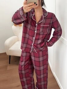 SHEIN Autumn Red Plaid Print Pajamas Long Sleeve Long Pants Home Wear 2 Pieces Set - Red - View 3