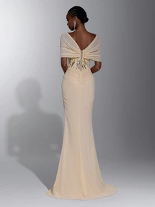 Elitara Elegant Luxury Beaded Chiffon Evening Gown With Off-Shoulder Corset Bodice And Twisted Ruched Slit Mermaid Skirt Design, Suitable For Weddings Or Formal Parties - Apricot - View 3