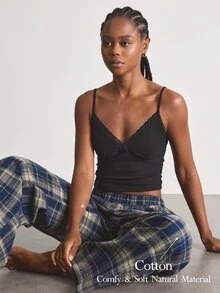 Ocili Ribbed Comfortable Lace Trim Minimalist Plaid Cotton Long Pants Drawstring Women's Loungewear Set - Multicolor - View 1