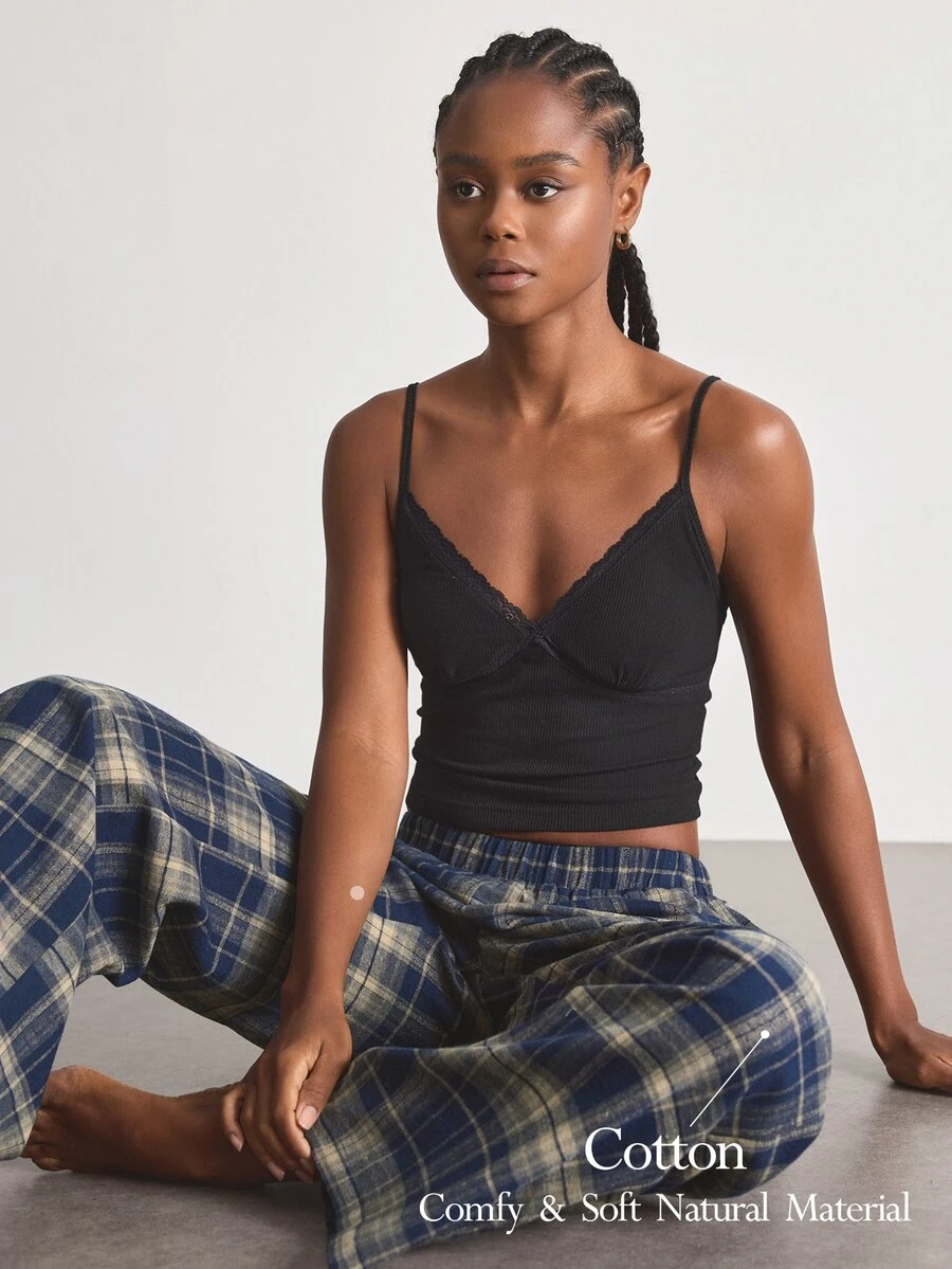 Ocili Ribbed Comfortable Lace Trim Minimalist Plaid Cotton Long Pants Drawstring Women's Loungewear Set - Multicolor - View 1