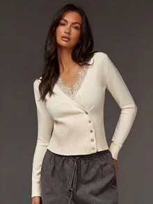 Athîral Women's Lace Patchwork Casual Daily Long Sleeve Sweater - Beige - View 1
