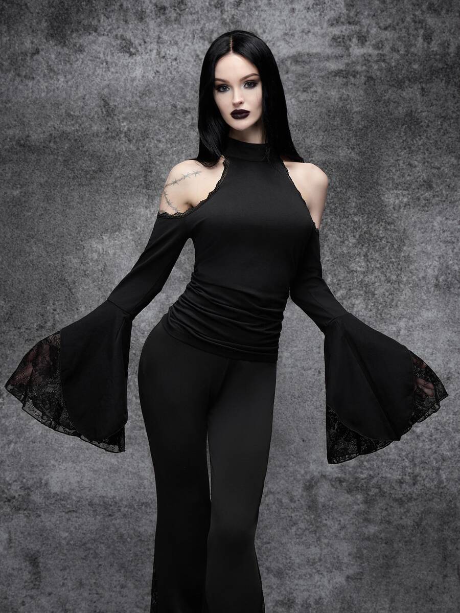 Cryptelle Autumn/Winter Black Gothic Lace Patchwork Top, Women ...