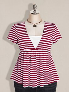 SHEIN ICON 女款大尺碼復古性感千禧風Y2K簡約休閒日常通勤街頭風黑灰條紋深V領二合一上衣 - 紅色 - 查看 4