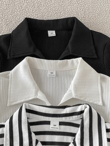 SHEIN 青少年女孩 3件組休閒條紋黑白羅紋針織 Polo 領長袖 T-shirt 上衣 秋季款 - 彩色 - 查看 7