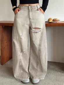 Dazy Plus Vintage slitna löst sittande jeans med revor i koreansk streetstyle, för alla säsonger - Brun - Visa 1