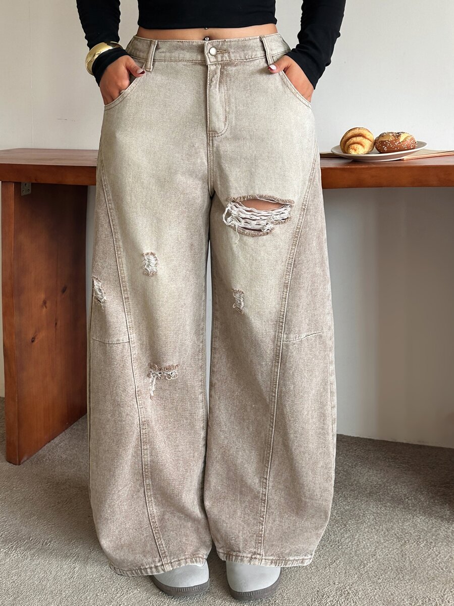 Dazy Plus Vintage slitna löst sittande jeans med revor i koreansk streetstyle, för alla säsonger - Brun - Visa 1