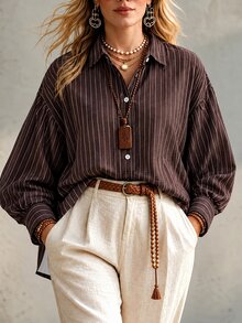 Ceyna Plus Striped Print Drop Shoulder Oversize Lantern Sleeve Shirt - Coffee Brown - View 5