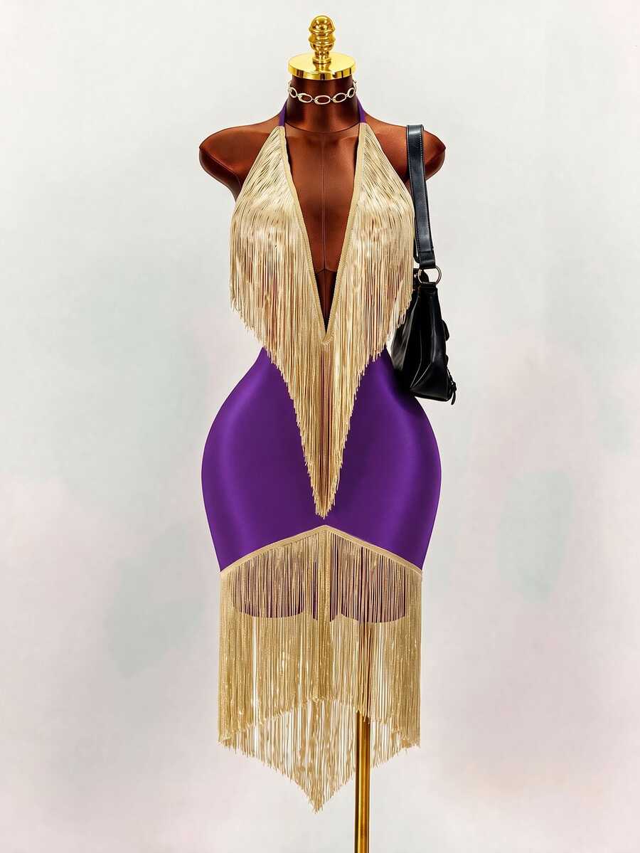 Mistrie Sexy Black & Gold Tassel Halter Neck Deep V Backless Cinched Waist Bodycon Bodycon Cocktail Party Dress - Purple - View 1