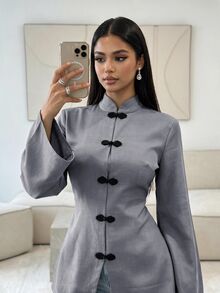 Veilorie 女款純色青蛙鈕扣設計長袖阿拉伯風上衣 - 藍色 - 查看 1