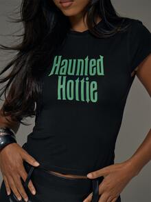 MUSERA 圖案印花 Haunted Hottie 圓領短袖T恤 節日慶典 日常穿著 外出休閒 Y2K 萬聖節 - 黑色 - 查看 1