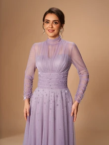Serin Elegant Dusty Purple Tulle Sheer Rhinestone High Neck Cut Out Ruched Draped Long Sleeve A Line Autumn Wedding Guest Mother Of The Bride Evening Gown - Mauve Purple - View 4