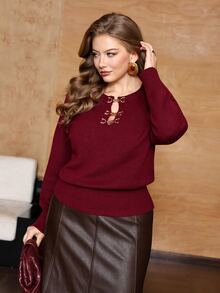 Roveilla Plus Size Women's Lace Trim Long Sleeve Pullover Sweater, Autumn/Winter Back To School - Burgundy - View 5