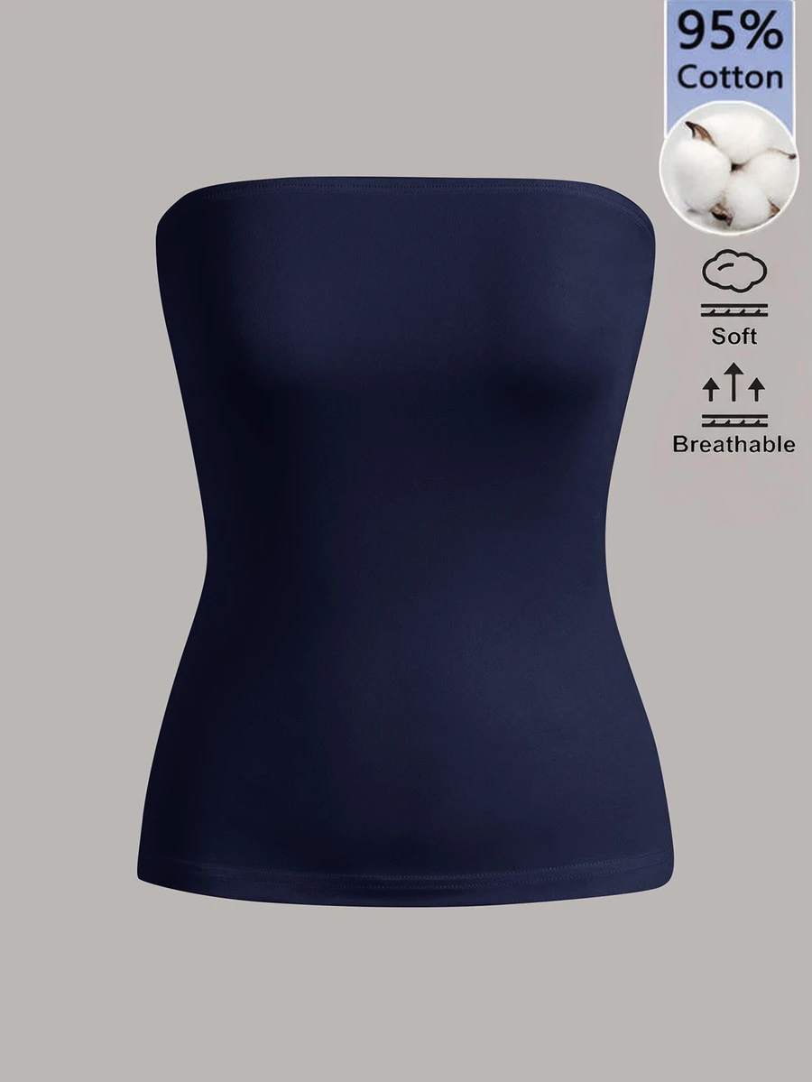 SHEIN BASICS 女款純色修身百搭日常休閒居家旅行抹胸上衣 黑色 夏季極簡百搭休閒日常白天穿搭 - 藏蓝色 - 查看 1
