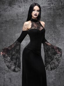 Cryptelle Women's Lace & Velvet Patchwork Batwing Sleeve Gothic Top, Autumn/Winter Black Witchy Halloween Outfit Costume - Black - View 4