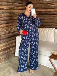 Dazy Plus Floral Line Drawing Pattern All-Over Print Textured Crepe Fabric Contrast Button Decor Pajama Set - Navy Blue - View 4